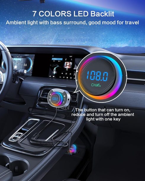 Bluetooth Car Adapter, Fast Charging, 7 LED Colors, AUX Output, U Disk Support, Bluetooth Transmitter, Hi-Fi Bass Sound, FM Radio, Handsfree Calls...