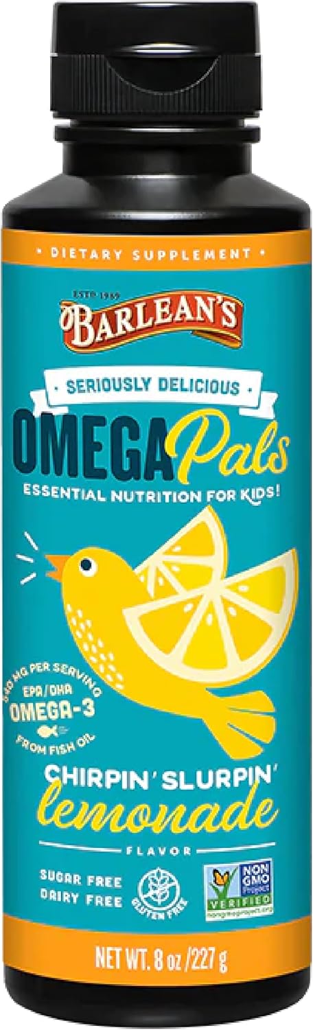 Barlean's Omega Pals Chirpin' Slurpin' Omega 3 for Kids, Yummy Lemonade Flavored Children's Liquid Fish Oil Supplement with 540 mg of EPA & DHA fo...