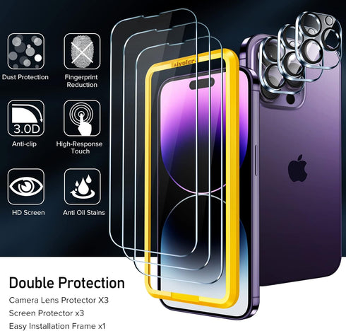 ivoler Shatterproof Tempered Glass Screen Protector for iPhone 14 Pro 6.1 inch, 3 Pack, Easy Installation, Anti-Scratch & Impact Protection...