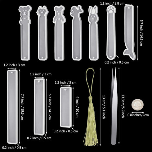 10 Pieces Silicone Bookmark Resin Mold DIY Bookmark Mould Epoxy Resin Casting Mold in 10 Cute Styles with 20 Pieces Random Color Tassels Craft, 20...