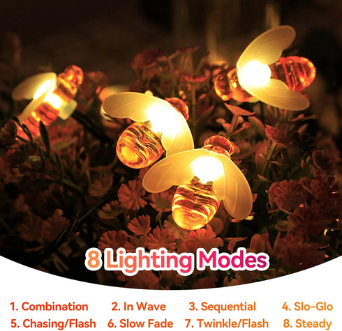 Solar Bee String Lights Outdoor Waterproof 50 LEDs 8 Modes Honeybee Fairy Lights Outdoor Lights Patio Garden Fence Yard Wedding Christmas Tree Dec...