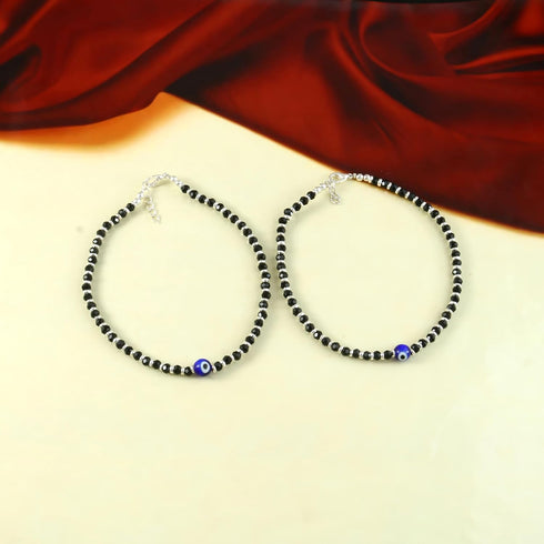 Jewar Mandi Anklet Evil Eye Nazariya Silver Plated Black Beads/crystal Adjustable Flexible Payal for Women...