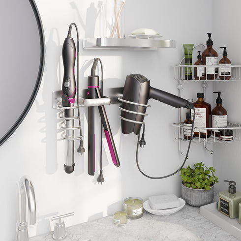 hicorfe Hair Dryer Holder 3 in 1 Hair Tool Organizer,Blow Dryer Holder Wall Mounted,Bathroom Bedroom Hair Care Styling for Flat Iron,Curling Iron,...