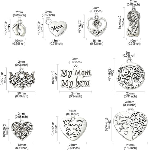 UR URLIFEHALL 100 Pcs Mother's Day Charms Heart Tibetan Charms Tibetan Antique Silver Charms Pendants for DIY Supplies Accessories...