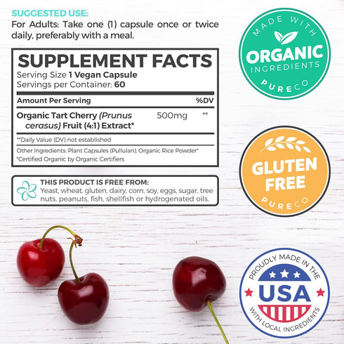 Organic Tart Cherry Capsules (Vegan & Gluten Free) - Natural Uric Acid Flush - High Strength 4:1 Extract Equals 2000mg of Fresh Tart Cherry Juice ...