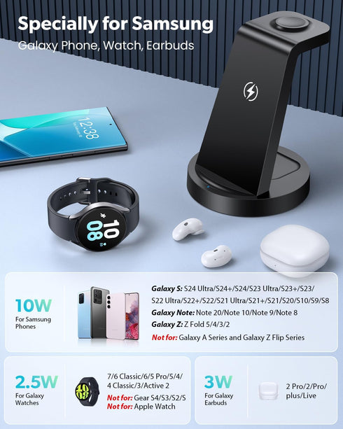 Wireless Charger for Samsung: 3 in 1 Wireless Charging Station for Samsung Galaxy Watch 7 6 5 4 3 Pro Classic Galaxy Buds - Charger Dock Stand for...