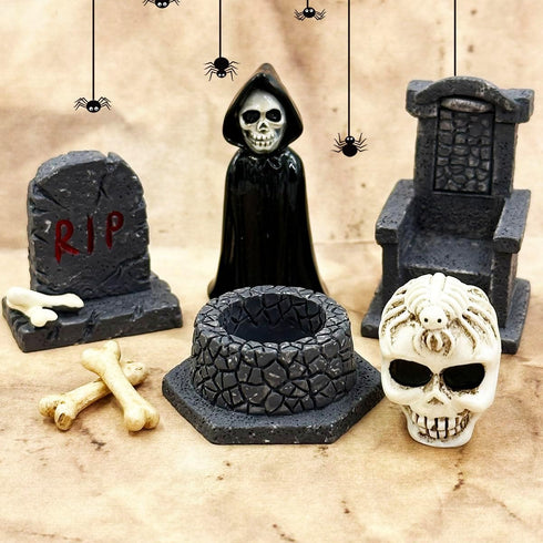 Halloween Miniature Figurines - 18Pcs Resin Ghost Tombstones Skull Heads Scene Ornaments Halloween Garden Accessories Mini Halloween Decorations f...