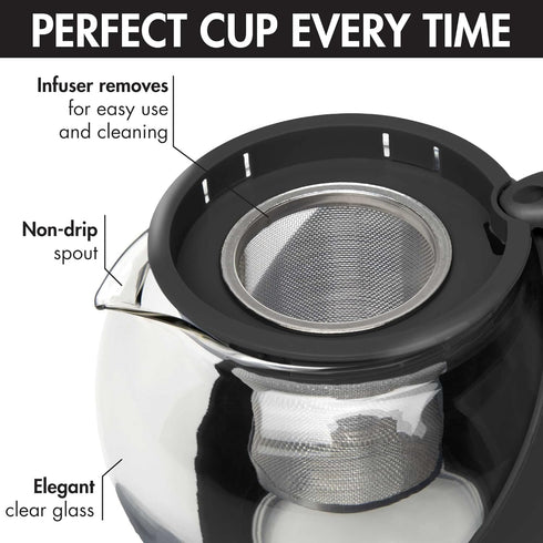 Primula Half Moon Teapot with Removable Infuser, Glass Tea Maker with Reusable Fine Mesh Stainless Steel Filter, Dishwasher Safe, 40-Ounce, Black...