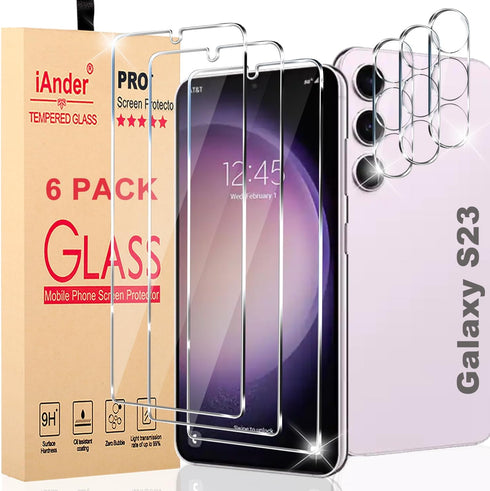 iAnder 3 Pack Glass Screen Protector for Galaxy S23, 3 Pack Camera Lens Protector with Easy Installation Tray, Supports Fingerprint Sensor, HD Ret...