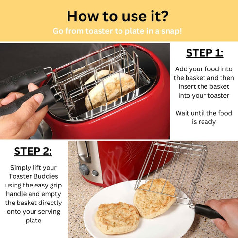 TOASTER BUDDIES, 2-Piece, Toaster basket, Sandwich Racks, 2 Slice-Toaster, Compatible with allmost all pop-up toasters, Toaster gadget, Regular, B...