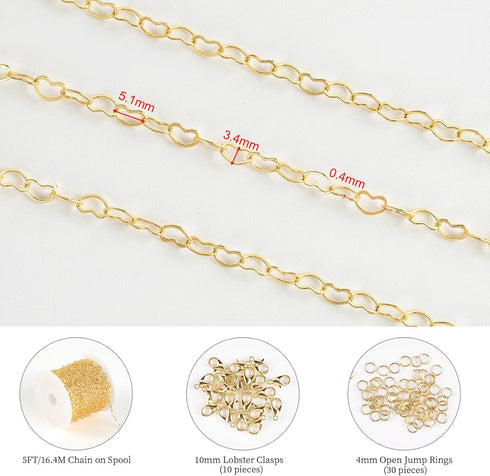 KYUNHOO 5 Meters 18K Gold Plated Heart Chains Bulk Solid Brass Heart Necklace Chain for Women Bracelet Anklet DIY Jewelry Supplies...