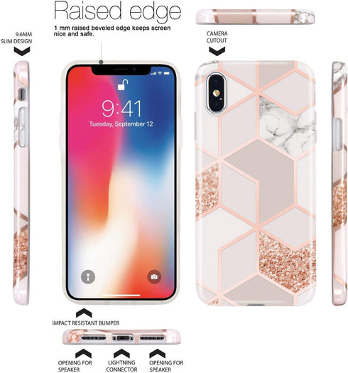 JAHOLAN Compatible iPhone X Case iPhone Xs Stylish Shiny Rose Gold Marble Design Clear Bumper Glossy TPU Soft Rubber Silicone Cover Phone Case...