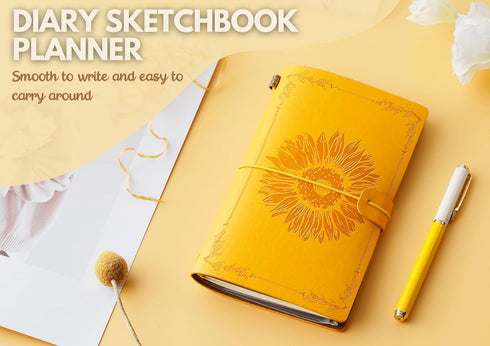 InnoBeta Sunflower gifts for Women Leather Journal Notebook 7x5 Inches, Refillable Sketchbook, Travel Diary, Lined Planner - Yellow - Big Sunflowe...