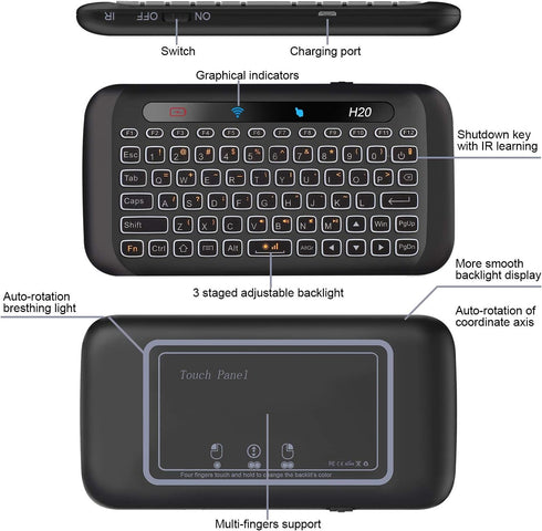 ILEBYGO 2.4Ghz H20 Mini Wireless Keyboard and Touchpad Mouse Combo,7 Colors Adjustable, Rechargeable Auto-Rotation of Touch Panel Handheld Remote ...