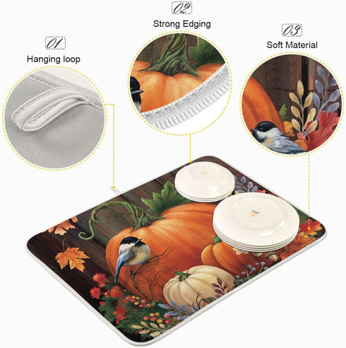 Absorbent Dish Drying Mat for Kitchen Counter - Pumpkin Birds Thanksgiving Day Microfiber Drying Pad, Reversible Drainer Mats for Countertop, Larg...