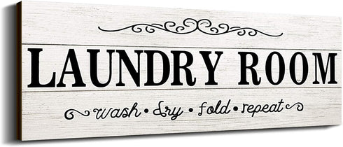 Laundry Room Decor Sign Wooden Rustic Farmhouse Family Laundry Room Wall Sign Wash Dry Fold Repeat Wall Decor Prints for Home, 16 x 6 Inches(White...