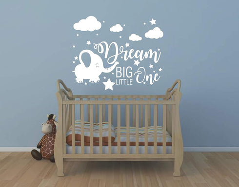 Elephant Nursery Wall Decal, Dream Big Little One Decal, Elephant Sticker, Baby Boy Girls Room Decor, Nursery Decals, Cloud and Star Nursery A42 (...