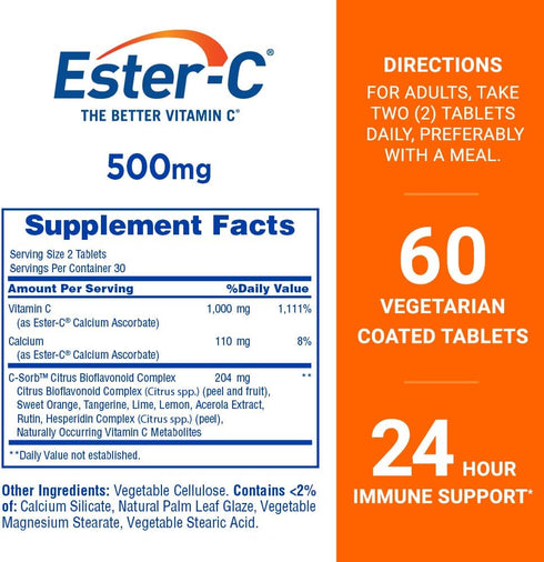 Ester-C Vitamin C, 500mg Tablets, 60-Count, Unflavored (Packaging May Vary)...