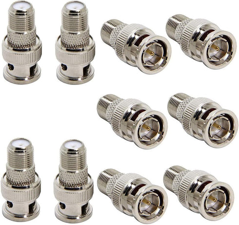 10-Pack Nickel-Plated Brass BNC Male to F Female Coaxial Adapter - 75 Ohm, for CCTV Camera, RG6/RG59 Cable, Scanner - Not for TV/Antenna...