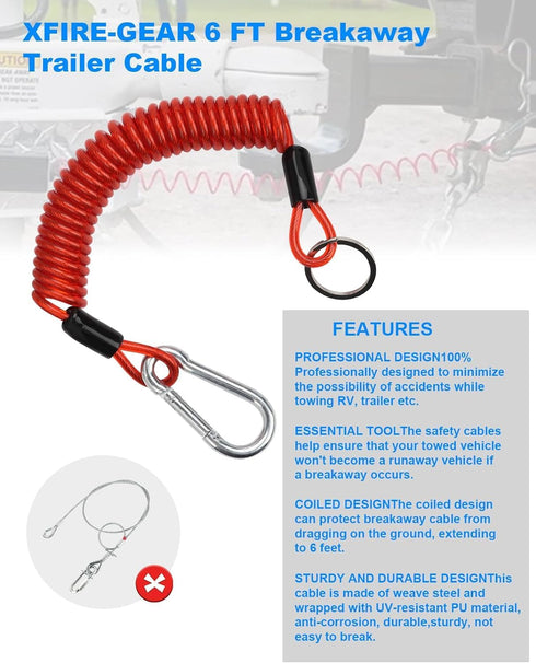 2PCS 6FT Breakaway Trailer Cable, Trailer Breakaway Safety Cable Spring Towing Coiled Wire for RV Trailer Emergency Camper Breakaway Switch...