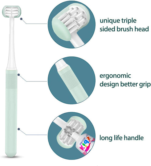 2 Pieces 3 Sided Toddler Toothbrush, Three Bristles for Kids Toothbrush, Autism Soft Bristles Toothbrush,Soft and Gentle for Complete Tooth and Gu...