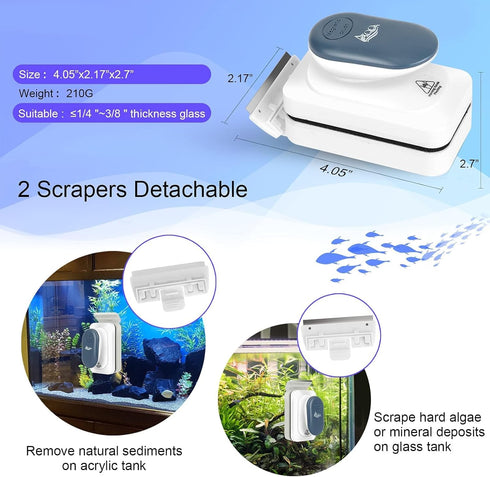 AQQA Aquarium Strong Magnetic Cleaner Brush, Fish Tank Glass Algae Magnet Cleaning Tool Floating Cleaner Scrubber Brush with 2 Detachable Scraper ...