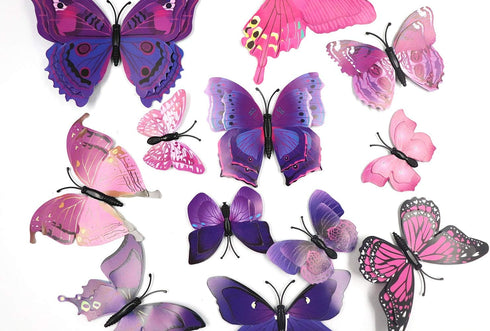 12 Pcs Purple Butterflies Double Wings Refrigerator Magnets Wall Decal Removable Sticker Decoration for Home Kitchen Kids Room Bedroom Office Them...