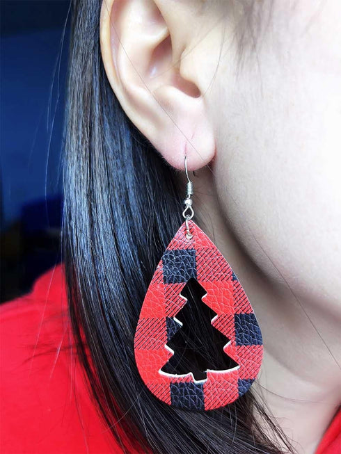 Buffalo Plaid Leather Earrings Necklace Bracelet Set, Classic Plaid Pattern Christmas Jewelry Set for Women...