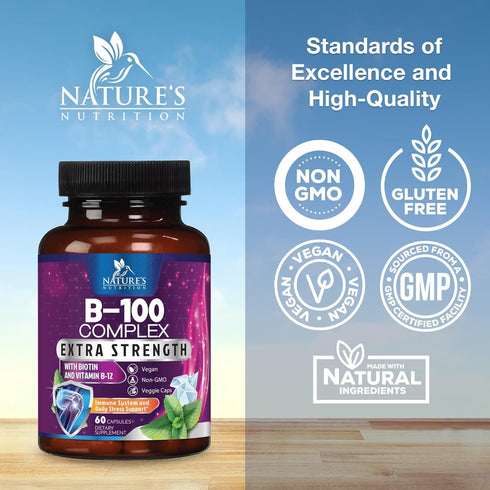 B Complex Vitamins with Vitamin B1 B2 B3 B6 B12 B100 C & Folic Acid - Supplement for Energy, Brain, & Immune Support - Super B Vitamin Complex for...