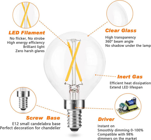 E12 LED Light Bulbs 25-Watt Equivalent (Dimmable), Warm White 2700K, 2W Vintage Clear G15/G50 Globe LED Bulb for Beside Lamp Ceiling Fan Pendant L...