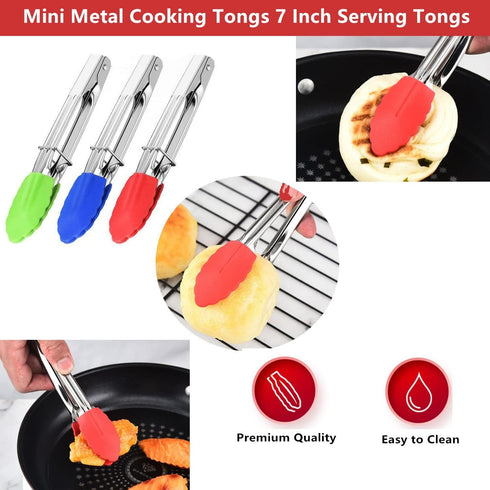 Mini Kitchen Tongs with Silicone Tips,Silicone Serving Tongs of 3 set,7 inch Non-stick Small Tongs with Stainless Steel Silicon Handles, Heat Resi...