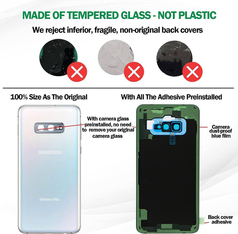 Galaxy S10e Back Glass Cover Replacement Housing Door w/Pre-Installed Camera Lens + All The Adhesive + Repair Tool Kit for Samsung Galaxy S10e SM-...
