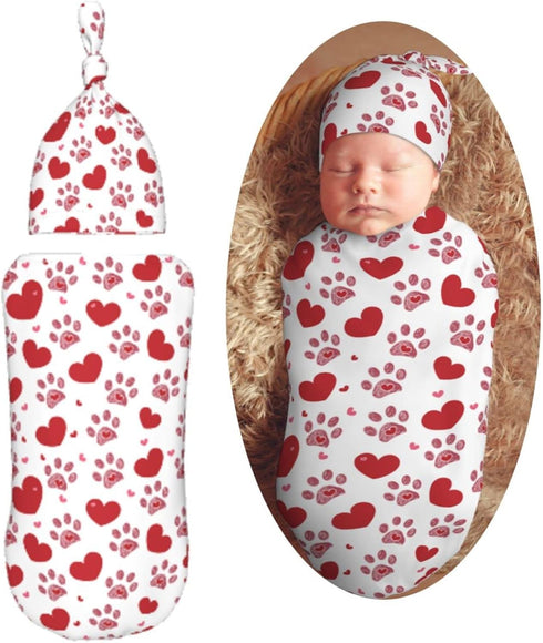 Love Hearts Dog Paw Print Newborn Swaddle Blankets Hat Sets Soft Baby Receiving Blanket Swaddle Sack for Baby Shower Infant Boy Girl Gift...