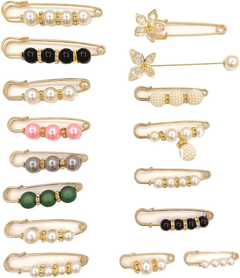 16Pcs Faux Fashion Pearl Brooch Sweater Shawl Clips Artificial Pearls Brooch Safety Pins Waist Pants Extender Cardigan Collar Brooch Clips Dresses...