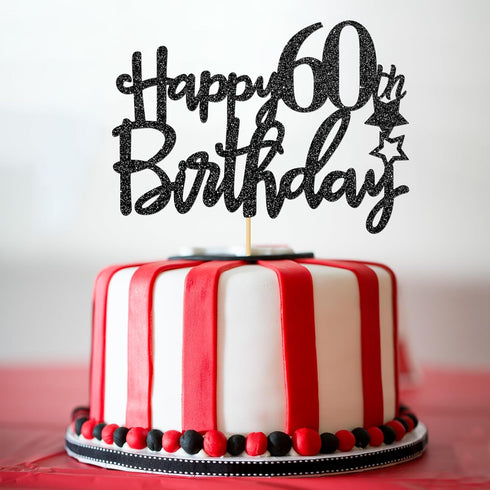 Black Glitter Happy 60th Birthday Cake Topper for Women Men, Hello 60th Anniversary, Cheers to 60 Years Party Decorations...