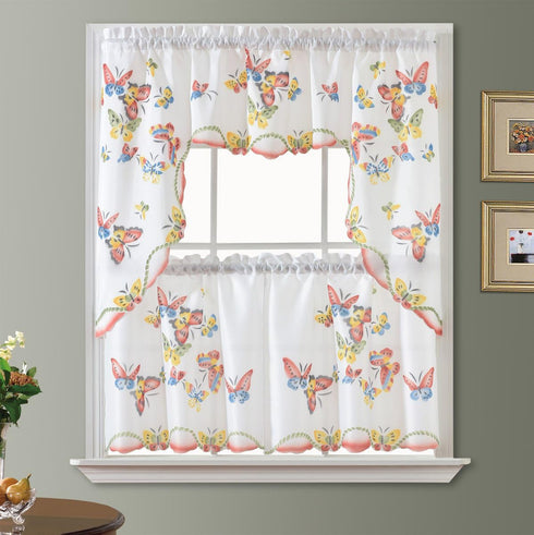 GOHD 3pcs Kitchen Curtain/Cafe Curtain Set, Farmhouse Air-Brushed by Hand of Flying Butterfly Design. (Swag and 24 inches Tiers Set)...