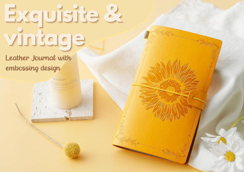InnoBeta Sunflower gifts for Women Leather Journal Notebook 7x5 Inches, Refillable Sketchbook, Travel Diary, Lined Planner - Yellow - Big Sunflowe...