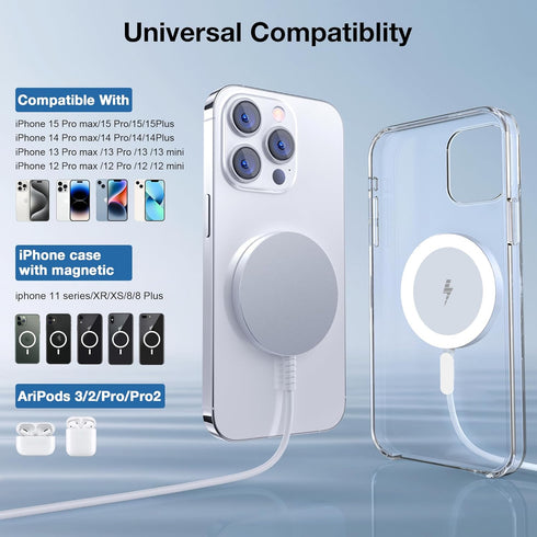Bohuma Magnetic Wireless Charger for iPhone: Mag Safe Charger Fast Charging Pad 2 Pack Compatible with iPhone 15 14 13 12 Pro Max Plus & Airpods 2...
