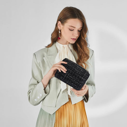 Small Makeup Bag Plaid Tweed Cosmetic Bag for Women Travel Make Up Bag for Purse Makeup Pouch Aesthetic Stuff - Black...