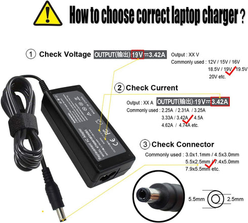 19V 3.42A 65W AC Charger Compatible with Toshiba Satellite PA3714U-1ACA PA3917U-1ACA PA3715U-1ACA C55 C55T-A5222 C655 C855D L305D L505 L655 L755 A...