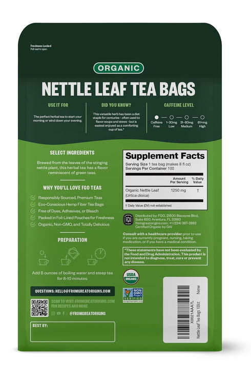 FGO Organic Nettle Leaf Tea, 100 Count, Eco-Conscious Tea Bags, Caffeine Free, Resealable Bag, Packaging May Vary (Pack of 1)...