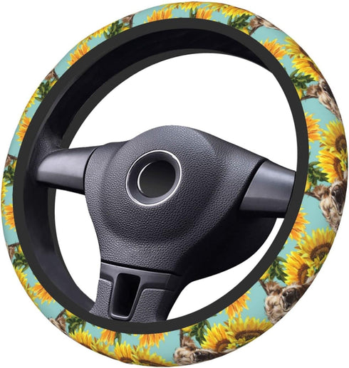 Highland Cow With Sunflower Elastic Steering Wheel Cover, Universal 15 Inch Fit, Neoprene Rubber Car Steering Wheel Covers, Anti-Slip Car Accessor...
