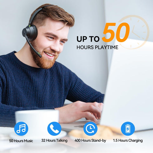 AUSDOM Trucker Bluetooth Headset with Microphone: A2301 Wireless 5.2 On-Ear Headset with AI Noise Cancelling Mic & Mute Button, 50H Playtime for W...