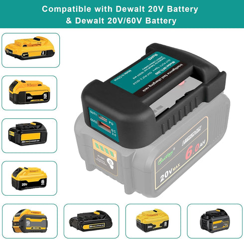 2 Pack USB Charger Adapter Compatible with Dewalt 20V Battery with USB Socket & Type-C Fast Charging (Adapter Only)...