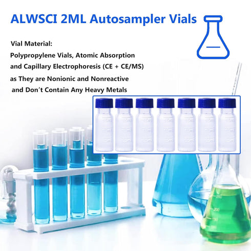 2ML Polypropylene Vials, 9mm Short Thread Vial with Graduation, Blue Screw Cap with Hole, WhitePTFE&Red Silicone Septa, for Ion Chromatography, 10...