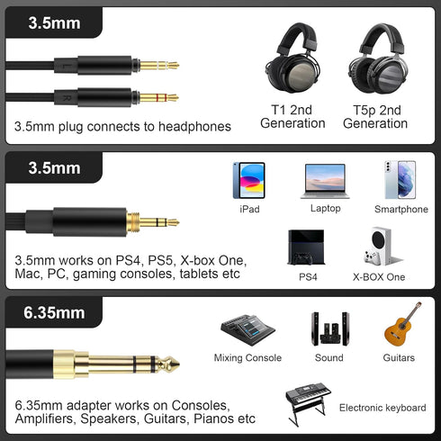 3m/9.8FT Replacement Upgrade Audio Cable Compatible with Beyerdynamic T1 II / T5P 2nd / T5 III Generation Headphones, 3.5mm and 6.35mm Adapter to ...