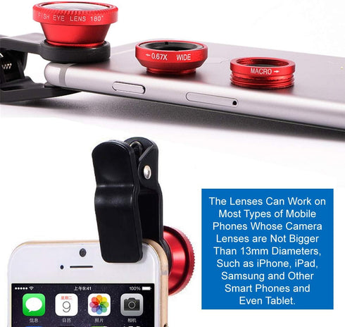 KINGMAS 3 in 1 Universal Fish Eye & Macro Clip Camera Lens Kit for iPad iPhone 7 6 5 Samsung BlackBerry HTC and Most Smartphones (Red)......