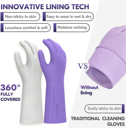 Vgo... 2 Pairs Reusable Household Aromas Gloves,Innovative Lined Dishwashing Gloves,Durable Cleaning Gloves,Long Sleeves Kitchen Gloves(Violet&Pin...