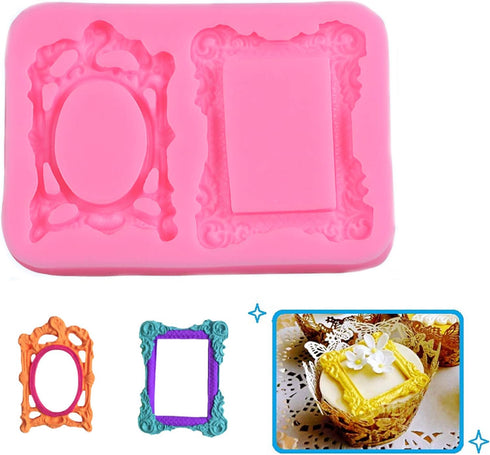 3 Pieces Pink Picture Frames Silicone Mold for Cake Decorating Sugar Gum Paste Chocolate Cookies Resin Polymer Clay...