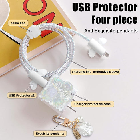 Cute Glitter Butterfly Cable Protector for iPhone Charger with White Pearl Keychain Pretty Bling Flower Butterflies for Women Girls,Data Line USB ...